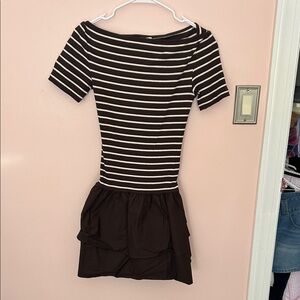Mango Brown and Cream Striped Short Sleeve Dress